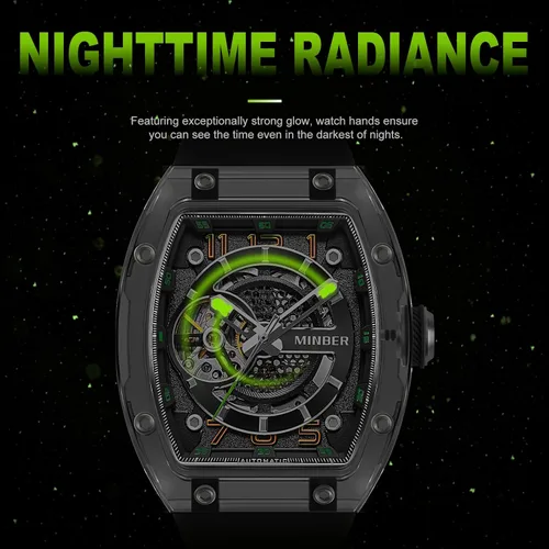Miniatura 5 de MINBER Reloj automático de esqueleto, esfera de 1.693 in con manecillas luminosas, reloj de cuerda automática, resistente al agua 3 ATM, plástico