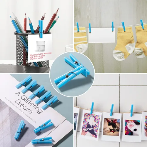 Miniatura 4 de 50 alfileres azules para juego de baby shower, mini pinzas de plástico premium de 1.4 pulgadas, mini alfileres de ropa reutilizables para fotos