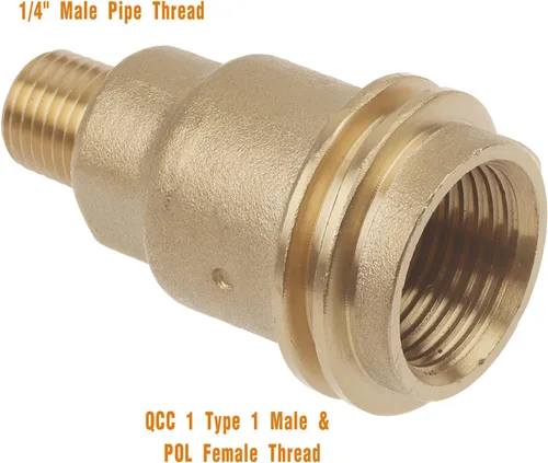 Miniatura 3 de 2 tuercas macho 5042 QCC1, adaptador de manguera de montaje de gas propano con rosca de tubo NPT de 1/4 pulgadas y conector QCC tipo 1 macho y POL