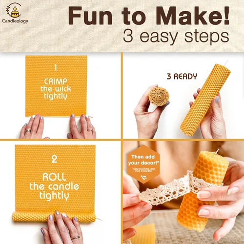Miniatura 3 de Hojas de cera de abeja natural para hacer velas (paquete de 10 hojas con mechas de algodón), tono amarillo natural, kit de enrollamiento de velas