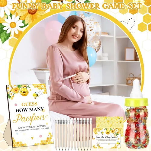 Miniatura 7 de Syhood 472 piezas de juegos de baby shower de abejas Adivina cuántos chupetes signo de juego 50 pequeños juegos de adivinanzas 20 lápices HB botella