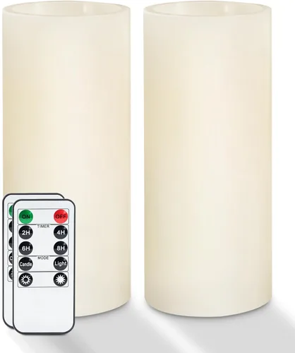 Homemory Velas sin llama de 9 x 3 pulgadas que funcionan con pilas, velas LED parpadeantes con temporizadores y 2 controles remotos, solo para
