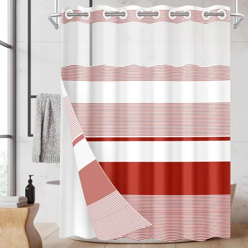 Miniatura 19 de Juego de cortina de ducha beige sin gancho con forro de tela a presión, diseño bohemio, a rayas, moderno, doble capa, tela impermeable con ventana