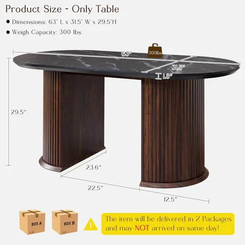 Miniatura 2 de T4TREAM Mesa de comedor ovalada acanalada de 63 pulgadas para 4-6, mesa de cocina moderna de mediados de siglo con borde grueso y base