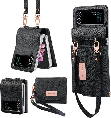 Funda tipo cartera para Samsung Galaxy Z Flip 3 con ranura de cuero integrada para efectivo y tarjetero de crédito. Correa de muñeca y protección de