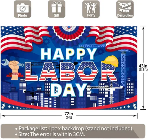 Miniatura 3 de Fondo de fotografía de 72 x 43 pulgadas con texto en inglés «Happy Labor Day Photografy», banderas americanas, estrellas, rayas, fondo, trabajador