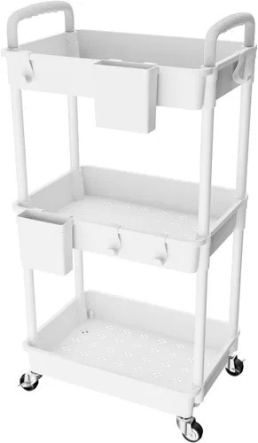 Miniatura 14 de Carrito rodante de 3 niveles con cajón, carrito de servicio REBECAT hecho de organizador de almacenamiento multifuncional para cocina, baño, sala