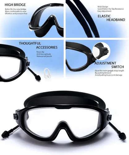 Miniatura 4 de Gafas de natación para adultos, a prueba de fugas, gafas de piscina antivaho, gafas de natación de visión amplia con tapones para los oídos y clip