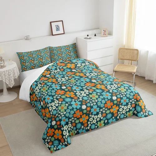 Miniatura 5 de Juego de ropa de cama floral retro, tamaño individual, vintage de los años 70 y 60, juego de edredón para niños, adultos y adolescentes, juego