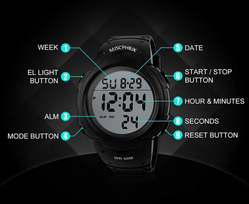Miniatura 7 de Reloj deportivo militar, a prueba de agua, con luz LED en la pantalla, alarma, cronómetro, resistente al agua hasta 50 m de profundidad, para hombre.