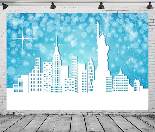 Miniatura 5 de BELECO Telón de fondo de tela de 5 x 3 pies con diseño de Feliz Navidad en Nueva York, escena de nieve, puntos con purpurina azul, estrellas