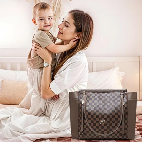 Miniatura 9 de Miss Fong Bolso de pañales de cuero con diseño a cuadros, mochila de gran capacidad para mamá, bolso hospitalario, con 12 bolsillos, bolso de viaje