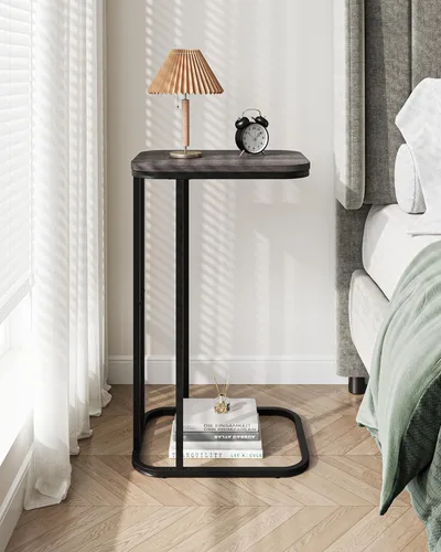 Miniatura 5 de KJGKK Mesa auxiliar en forma de C, mesa auxiliar pequeña de 27 pulgadas de alto para sofá y cama, mesa de sofá deslizable debajo, mesa alta de Roble