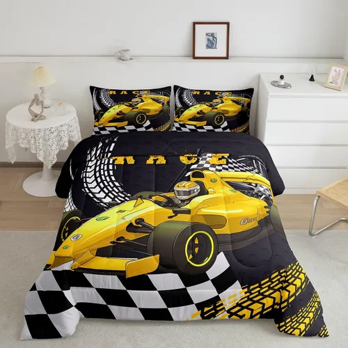 Miniatura 9 de Erosebridal Juego de edredón individual de motocicleta de carreras para niños, juego de ropa de cama de panal con luces de neón azules, motocross