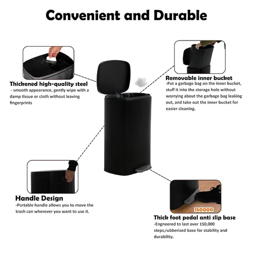 Miniatura 5 de Basurero de acero inoxidable de 13 galones, cubo de basura con tapa con pedal, cubo interior extraíble, resistente a las huellas dactilares