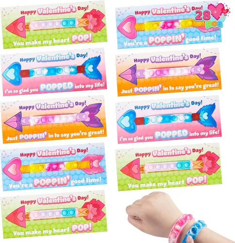 JOYIN Paquete de 28 tarjetas de regalo para el día de San Valentín con pulsera Pop Fidget, juguete para ansiedad de burbujas para reventar, pulsera