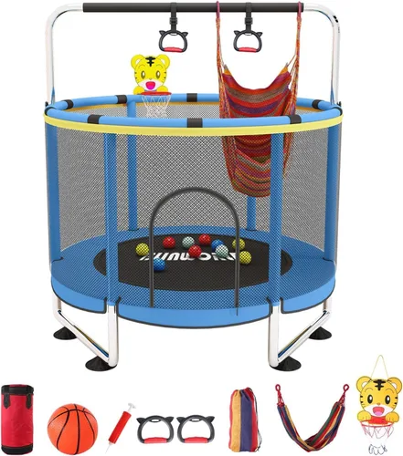 Trampoline for Kids, 55 Inch Adjustable Baby Toddler Trampoline with Basketball Hoop, 440lbs Indoor Outdoor Toddler with Enclosure (Blue)