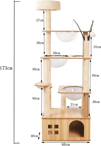 Miniatura 4 de Árbol de madera para gatos de 66.8 pulgadas con condominio para gatos, escaleras para gatos, 3 cuencos, juguetes, postes rascadores de sisal