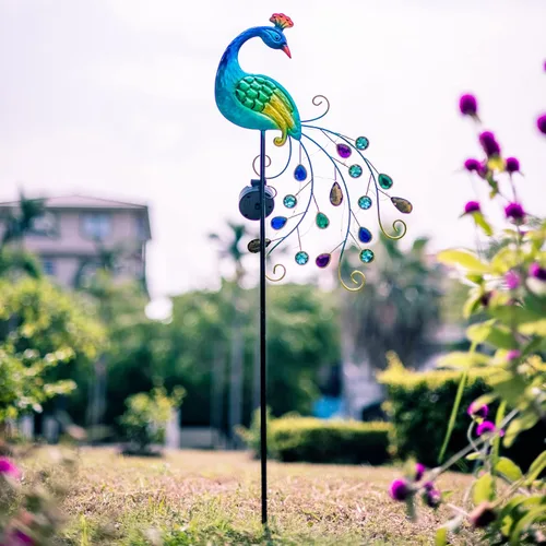 Miniatura 8 de DREAMSOUL Estacas de luz solar de jardín de pavo real de metal al aire libre decorativas - Luz de camino LED solar impermeable de pavo real