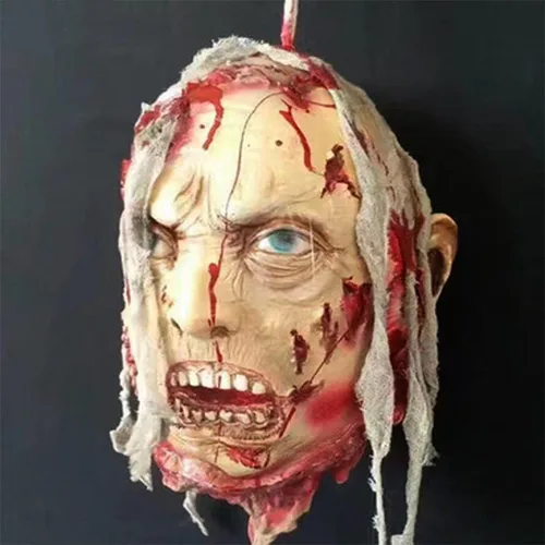 Miniatura 12 de RiceelSor Decoración colgante de cabeza dividida para Halloween, diseño de cadáver sangriento, de terror, de tamaño real, con peluca, disfraz