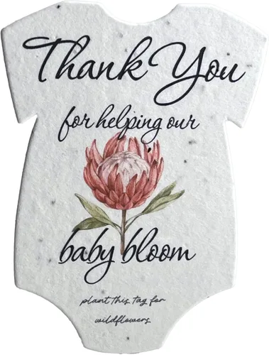 Miniatura 5 de Body para bebé con forma de agradecimiento, papel de semillas de 3 x 2 pulgadas, juego de 12 (flor rosa)