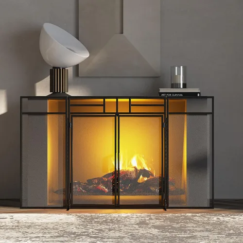 Miniatura 2 de Fire Beauty - Pantalla para chimenea de 3 paneles plegable con puertas magnéticas con bisagras, paneles de hierro forjado sólido, protector contra