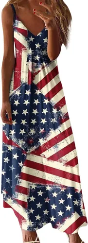 Ceboyel Vestido largo sexy para mujer, para el 4 de julio, vestido largo y sexy, con bandera americana, sin mangas, vestidos casuales patrióticos