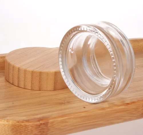Miniatura 6 de COSIDEA 5 tarros vacíos de vidrio transparente redondos de 1 onza/1.06 oz con tapas de bambú, tarro de crema de bambú, recipientes de viaje