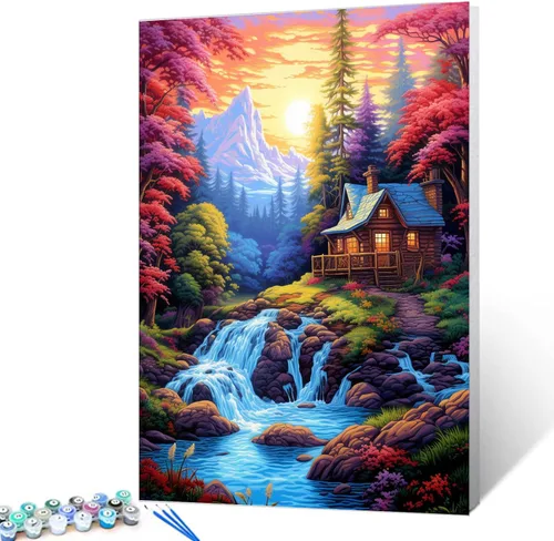 Miniatura 21 de Tucocoo Kit de pintura de flores para casa por números con pinceles y pigmento acrílico sobre lienzo para adultos, paisajes de bosques arroyos