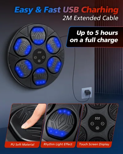 Miniatura 6 de Máquina de boxeo de música, punzonadora de sonido con guantes de boxeo, blanco de boxeo electrónico montado en la pared para adultos y niños, 9 modos