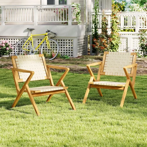 Miniatura 4 de Tangkula Silla de comedor de madera de teca para exteriores, sillón rústico de madera para patio con asiento y respaldo de cincha, para sala