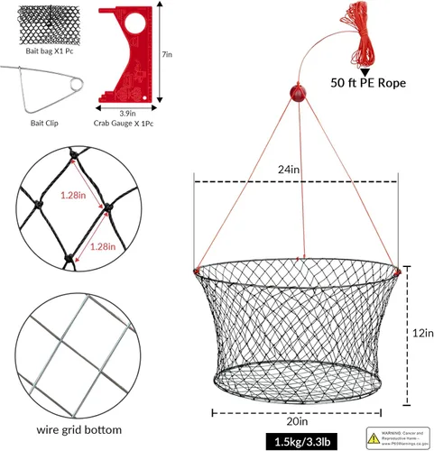 Miniatura 4 de QualyQualy Trampa para anillo de cangrejo con medida de cangrejo y clip de cebo, red de cangrejo con 24 cordeles trenzados alquitranados red