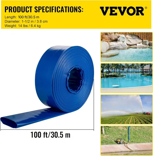 Miniatura 7 de VEVOR Manguera de descarga, 1-1/2 pulgadas x 100 pies, manguera plana de tela de PVC, manguera de drenaje resistente con abrazaderas, resistente a