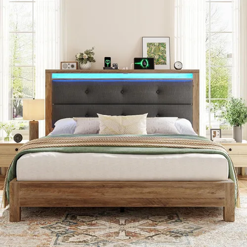 Miniatura 10 de EnHomee Base de cama de tamaño matrimonial con carga USB y tipo C y luces LED, cabecera de almacenamiento tapizada, cama de plataforma de madera