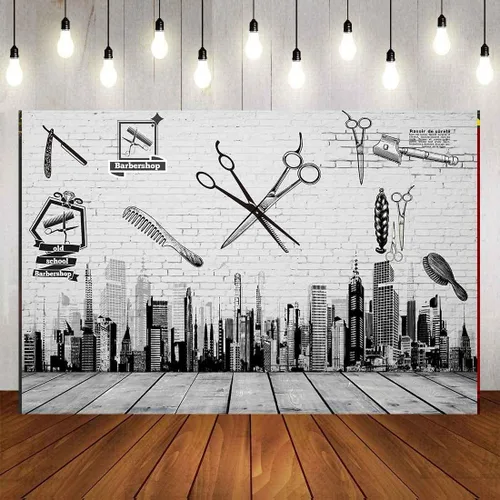 Miniatura 12 de Herramientas de barbería telón de fondo, peine de corte de pelo, edificios de gran altura, pintura de pared, madera de piso, pancarta de mesa