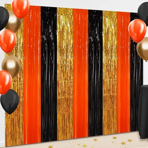 Miniatura 11 de BEISHIDA 4 Piezas de Serpentinas de Fiesta Negras y Naranjas con Flecos, Cortina de Telón de Fondo de Aluminio, Telón de Fondo de Oropel, Decoración