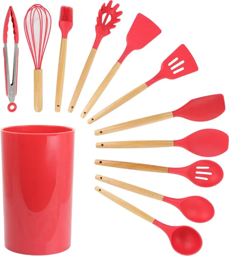 Megachef Juego de utensilios de cocina de madera, 12 piezas, textura roja y madera