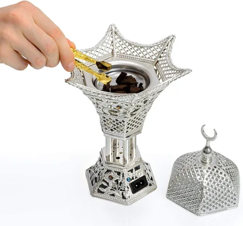 Miniatura 4 de AM Quemador de incienso eléctrico regulador, temperatura ajustable y temporizador, quemador de Oud para Bakhoor, incienso, resina y aceites Plata