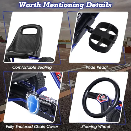 Miniatura 4 de HONEY JOY Go Kart para Niños, Cuadriciclo de 4 Ruedas Todoterreno con Pedales Go Cart con Volante y Asiento Ajustable, 2 Frenos de Seguridad, Azul