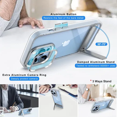 Miniatura 2 de DOB SECHS Funda transparente de metal con función atril diseñada para iPhone 13 Pro, con botón de aleación de aluminio, soporte de 3 vías