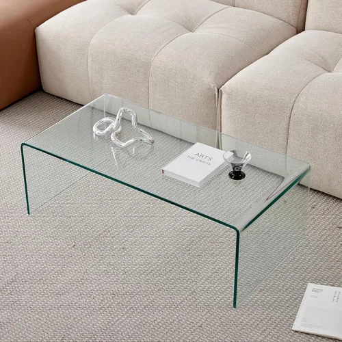 Miniatura 4 de Mesa de café de vidrio SMARTIK, mesas de café modernas transparentes para sala de estar, pequeña mesa rectangular de vidrio templado en cascada