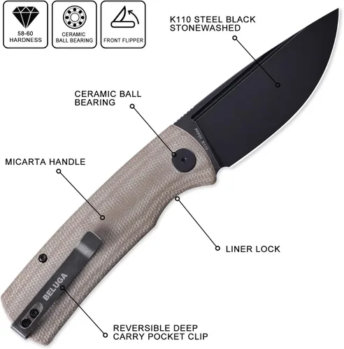 Miniatura 2 de Petrified fish PFP01, cuchillo plegable Beluga, acero k110, mango G10, abatible frontal, para exterior, camping, supervivencia, caza, herramienta