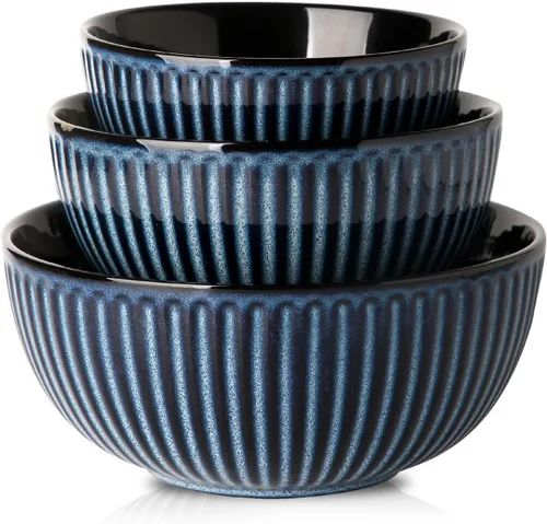 Miniatura 19 de HASENSE Juego de 3 cuencos pequeños de mezcla, cuencos de porcelana acanalados negros de 1.5/1/0.5 cuartos de galón para cocina, cocción, horneado