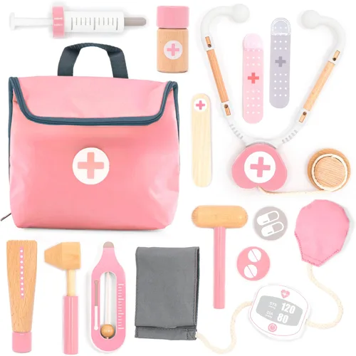 UMU® Mini kit médico de madera para niños – 14 piezas de juego médico para niños pequeños con estetoscopio, jeringa, bolsa de médico, manguito de