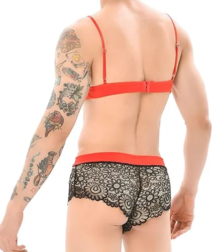 Miniatura 3 de QiaTi Lencería de encaje para hombre Sissy Crossdressing, ropa interior con brasier, ropa interior traslúcida, traje de bikini para dormir
