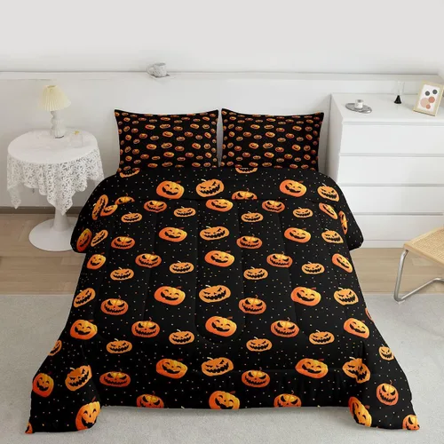 Miniatura 16 de Feelyou Juego de edredón de Halloween, color rosa fantasma, juego de ropa de cama tamaño individual, decoración para niños y niñas, lindo juego