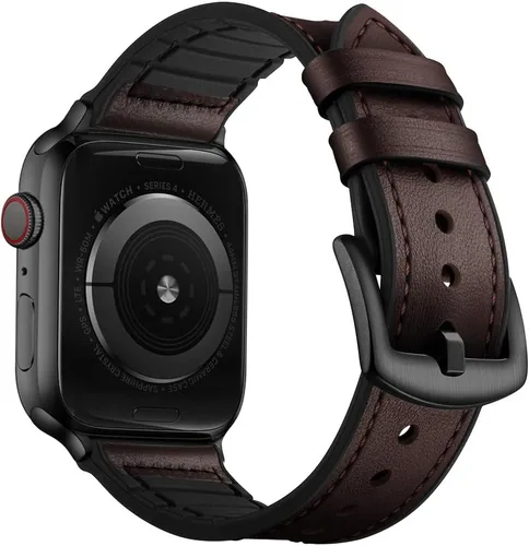 Miniatura 18 de OUHENG Correas de cuero compatibles con Apple Watch de 42mm 41mm 40mm 38mm, correa híbrida de cuero genuino y goma para iWatch Series 11 10 9 8 7 6