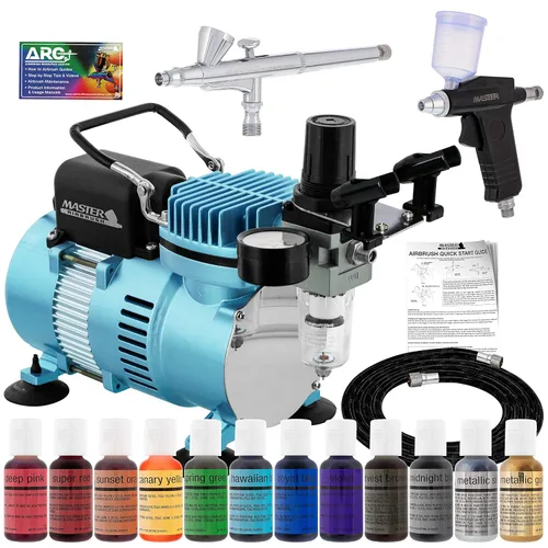 Master Airbrush Kit de decoración de aerógrafo para pasteles con compresor, 2 aerógrafos de gravedad y 12 colores de alimentos Chefmaster, cepillo