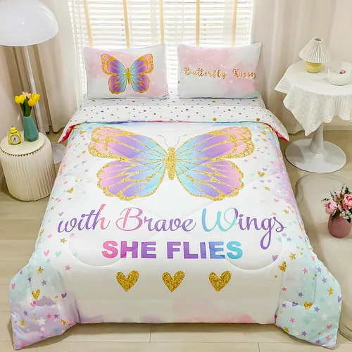 Cokouchyi Juego de edredón tamaño Twin para niñas, 5 piezas cama en una bolsa, juego de sábanas de edredón de mariposas coloridas 3D, ultra suave y