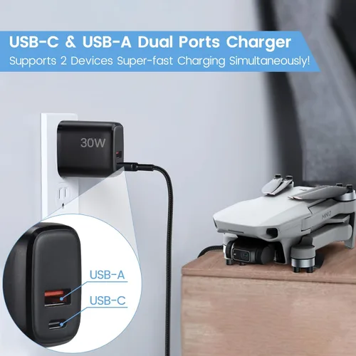Miniatura 4 de Cargador rápido USB C PD de 30 W para DJI Neo, Mini 4K, 2 SE, 4 Pro, Air 2S, Avata 2 Drones, USB de doble puerto + cargador de pared tipo C con Negro